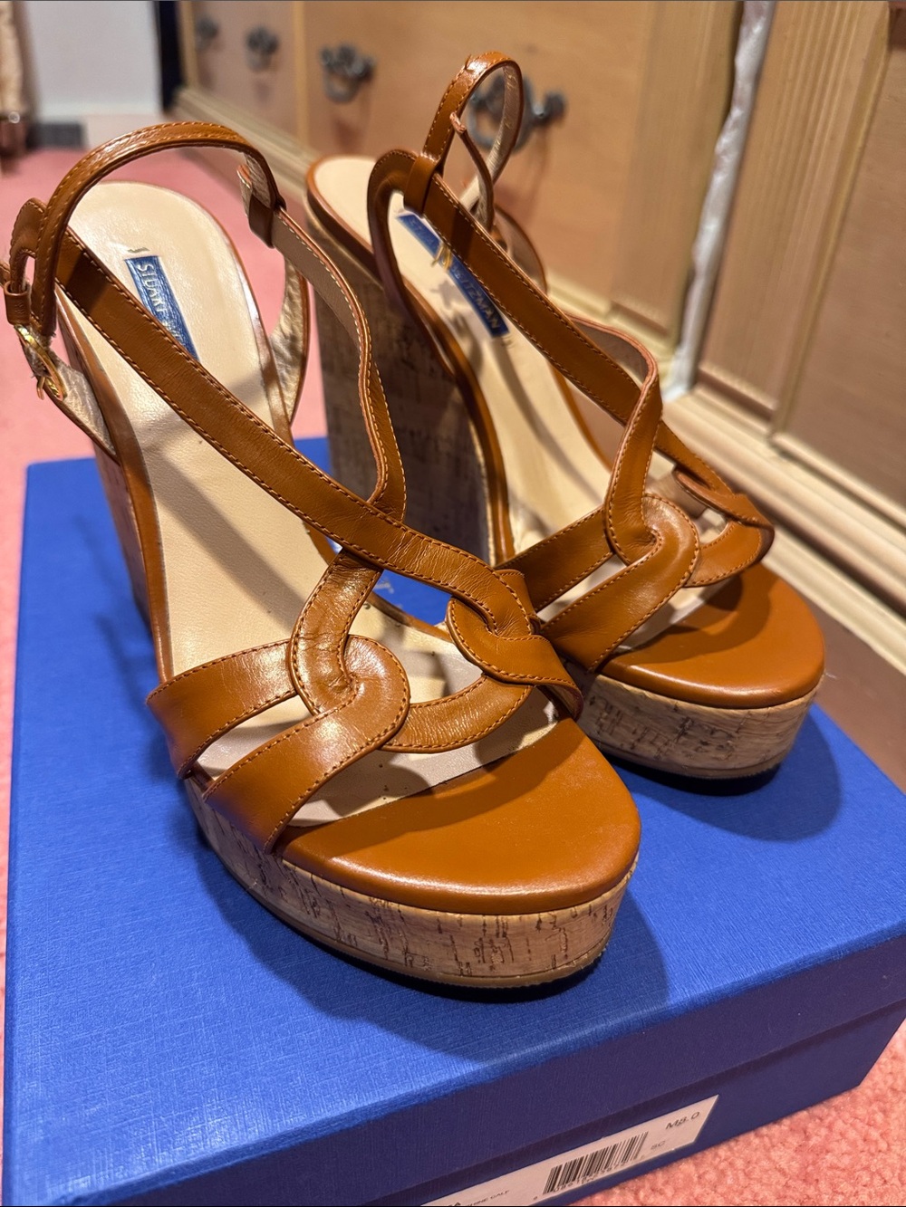 Platform Cork Wedge Sandals - Brown Leather Stuart weitzman
